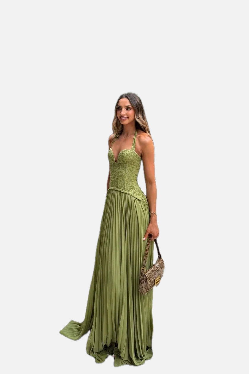 Green Pleated Corset Maxi Dress – Elegant Evening Gown | Meave & Ivy