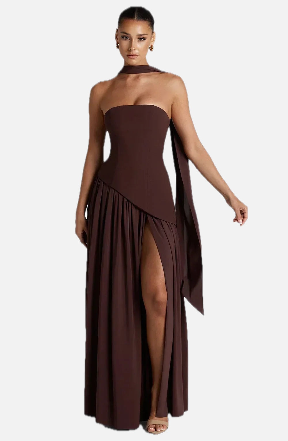 Corset Bustier Maxi Dress – Scarf Detail High-Split Evening Gown | Meave & Ivy