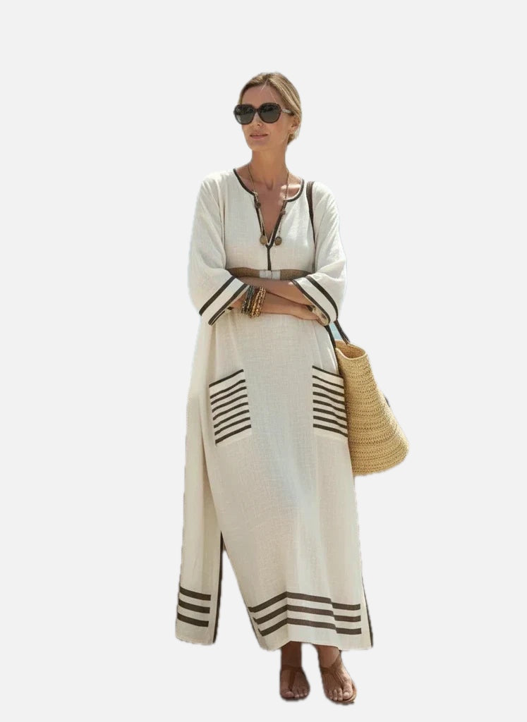 Linen Kaftan Maxi Dress – Striped V-Neck Casual Dress | Meave & Ivy