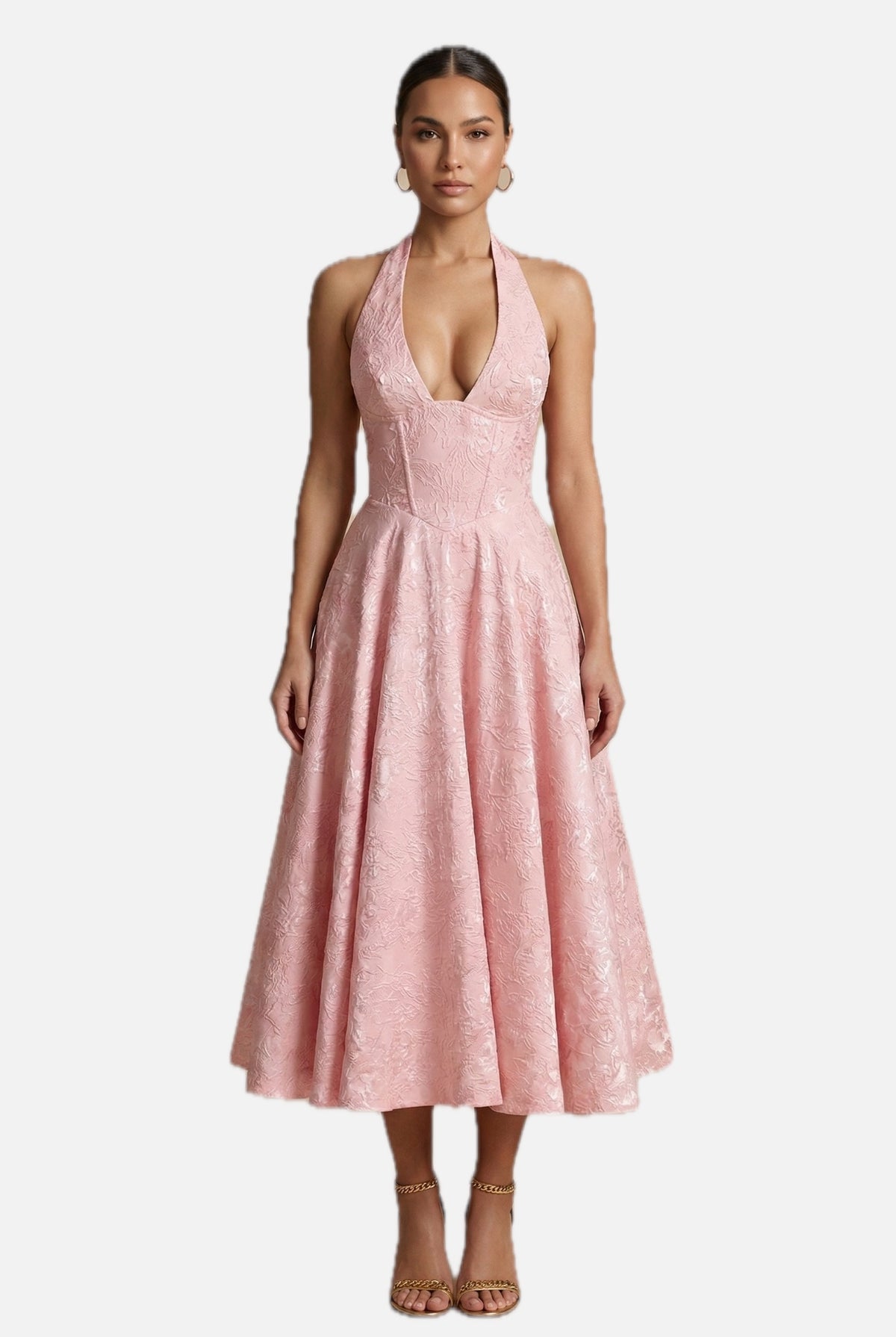 Jacquard Halter Corset Midi Dress – A-Line Wedding Guest Dress | Meave & Ivy