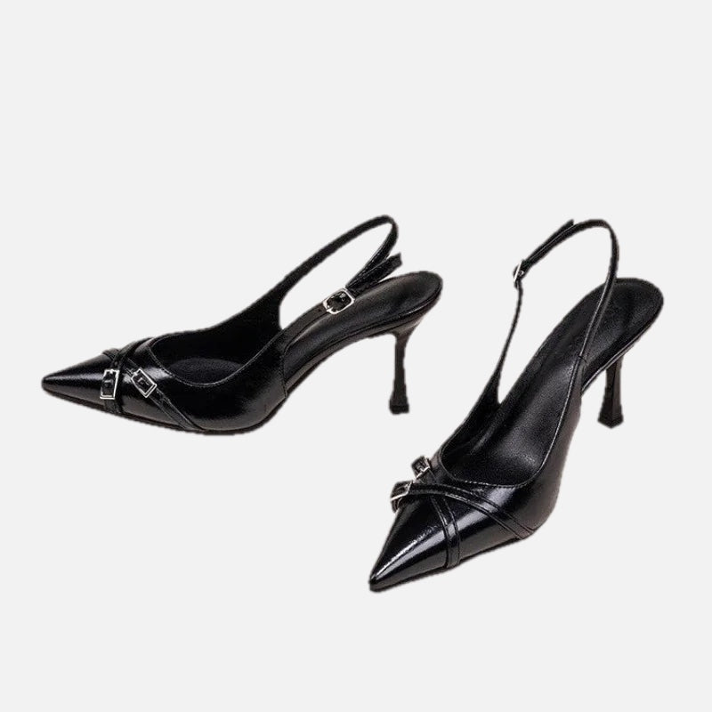 Black Pointed Stiletto Court Shoe – Buckle Strap Heel | Meave & Ivy