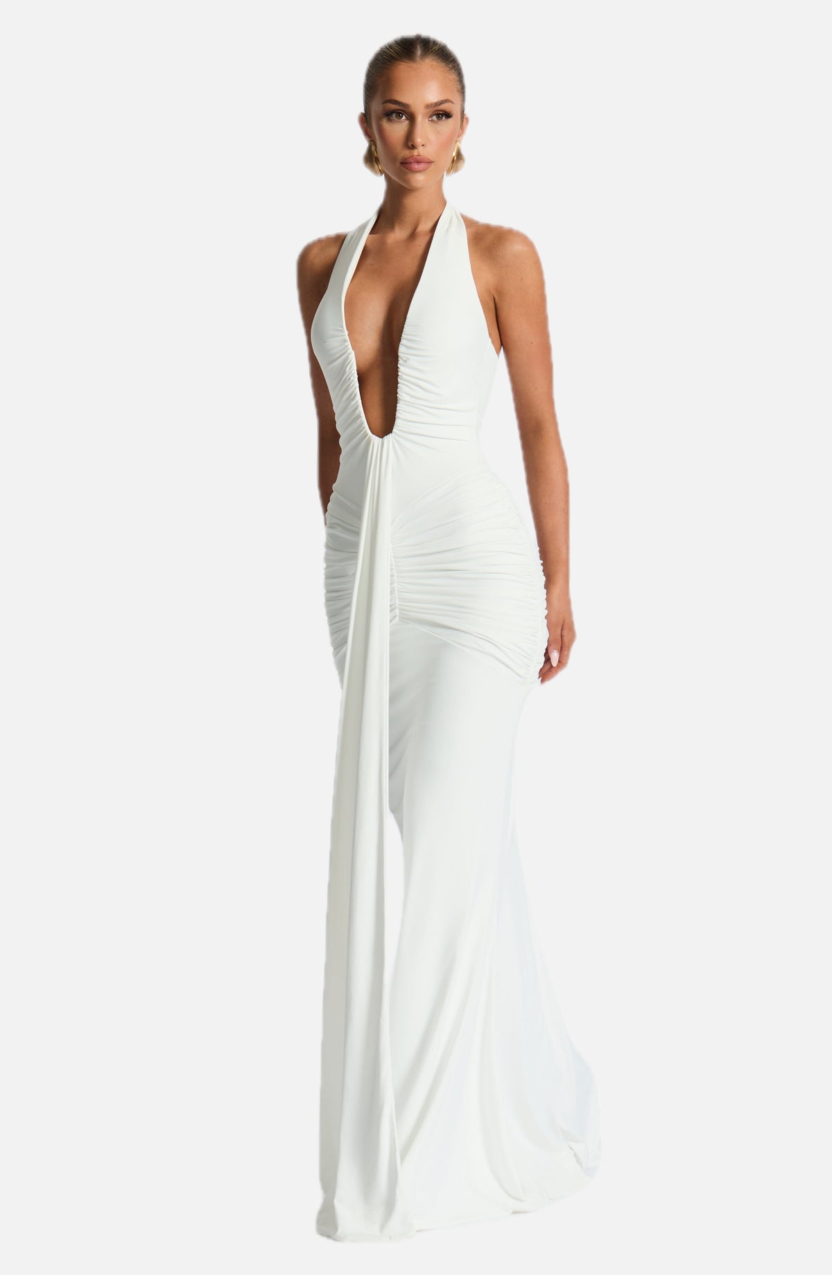 White Slinky Maxi Dress – Bridal Train Evening Gown | Meave & Ivy