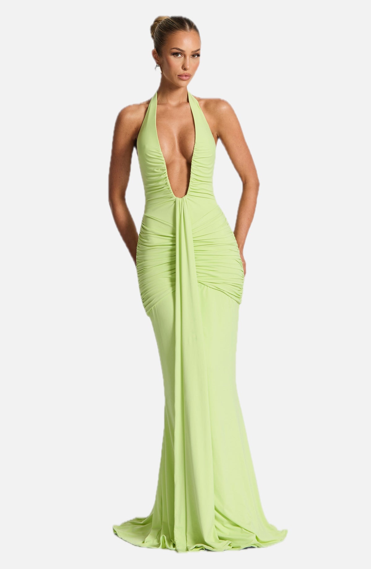 Lime Green Slinky Maxi Dress – Elegant Train Evening Gown | Meave & Ivy