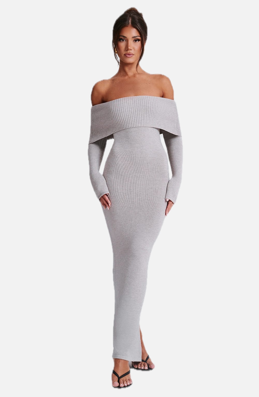 Grey Bardot Knit Maxi Dress – Elegant Bodycon Evening Dress | Meave & Ivy