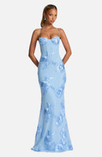 Blue Floral Appliqué Corset Maxi Dress – Glacier Statement Gown | Meave & Ivy