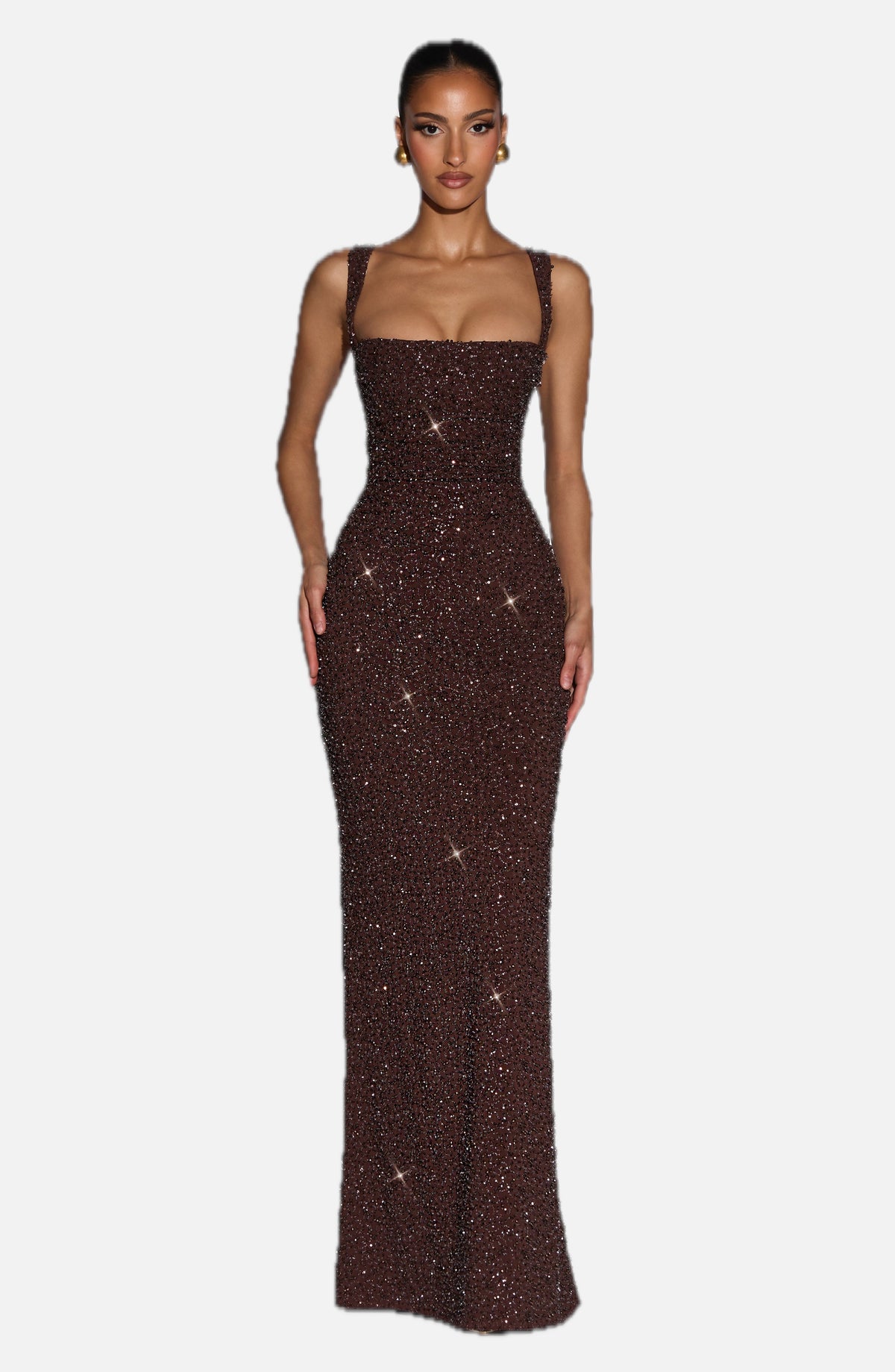Plum Brown Shimmer Maxi Dress – Sculpted Evening Gown | Meave & Ivy