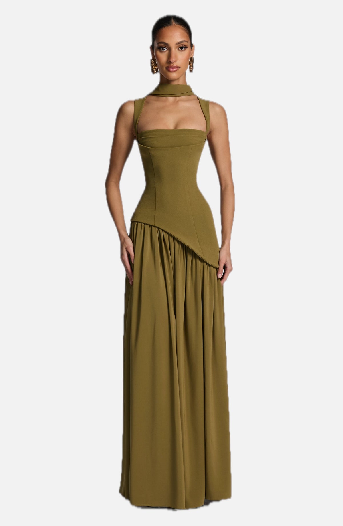 Olive Green Corset Maxi Dress – Chiffon Scarf Evening Gown | Meave & Ivy