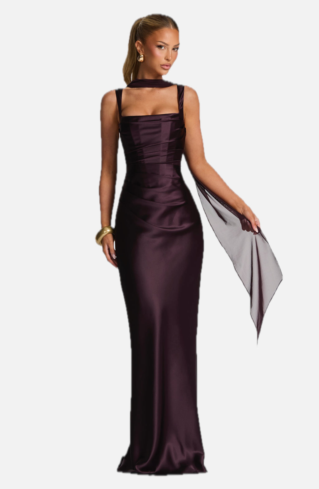 Plum Pleated Satin Maxi Dress – Elegant Evening Gown | Meave & Ivy