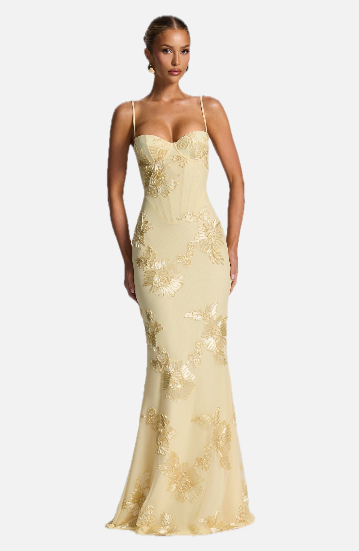 Yellow Floral Appliqué Corset Maxi Dress – Statement Gown | Meave & Ivy