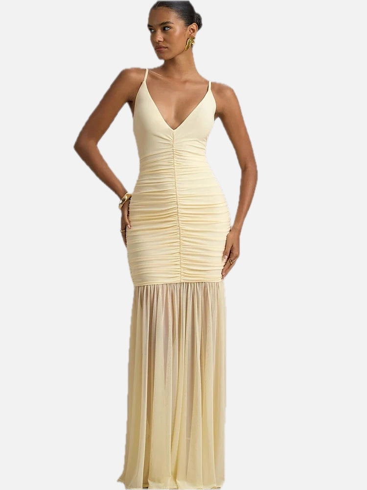 Yellow Patchwork Maxi Dress – V-Neck Backless Summer Gown | Meave & Ivy