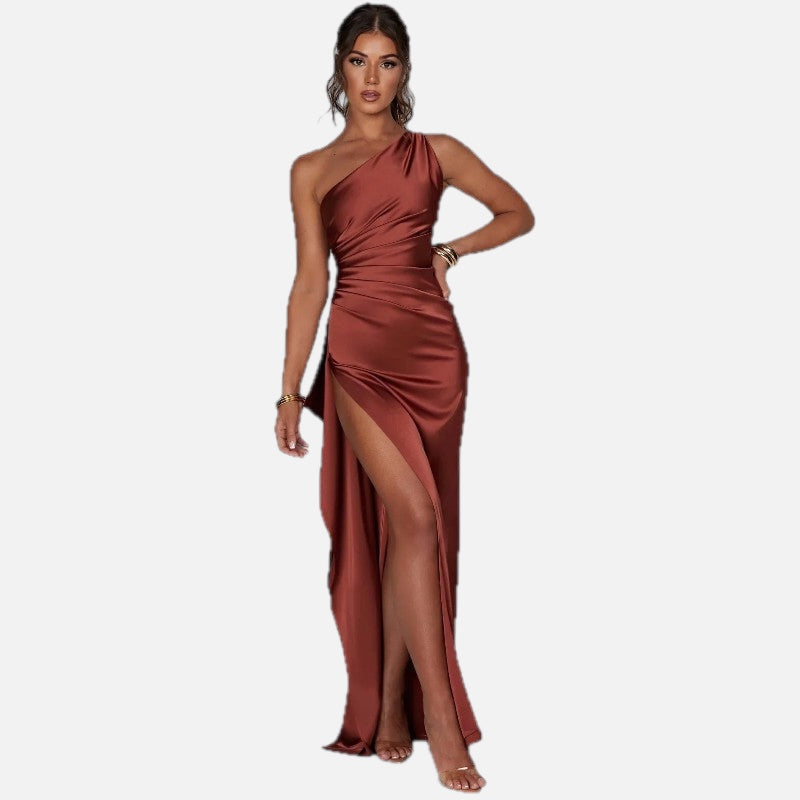 One-Shoulder Satin Maxi Dress – Pleated Split Evening Gown | Meave & Ivy