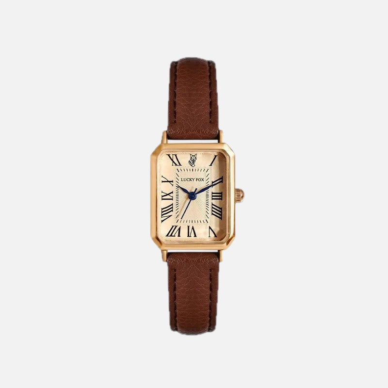 Women's Gold Square Watch with Leather Strap – Elegant Quartz Dress Watch