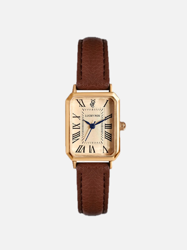 Women's Gold Square Watch with Brown Leather Strap