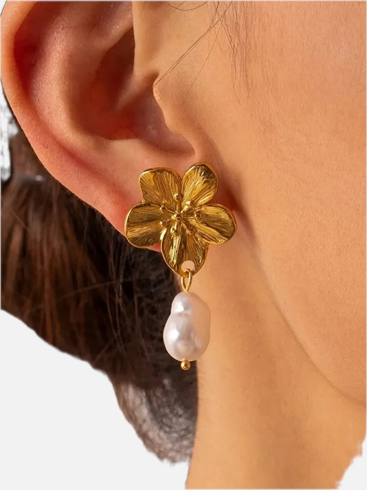 Gold Pearl Blossom Flower Earrings – Floral Drops with Pearl Centre
