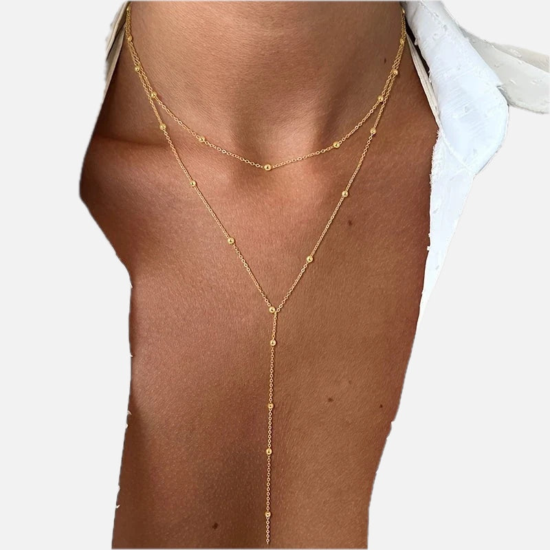 Y-Shape Double Layer Necklace – Delicate Bead Lariat Necklace