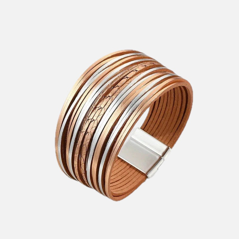 Boho Vintage Wide Cuff Bracelet – Multi-Layer Faux Leather Wrap with Magnetic Clasp
