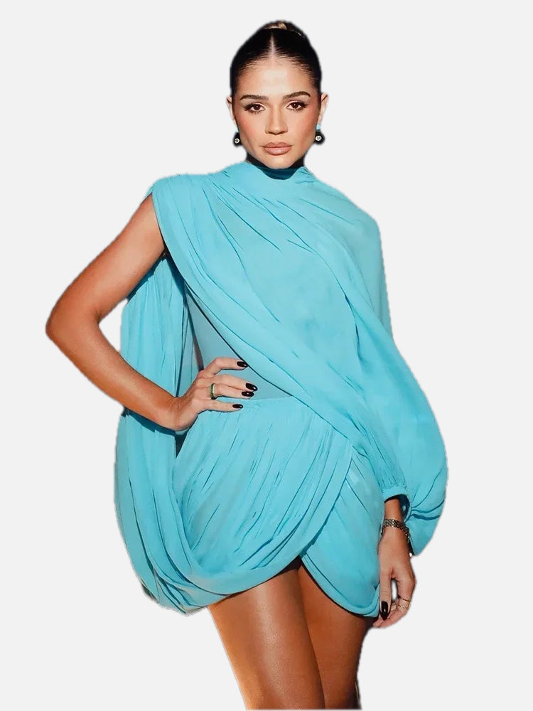 One Shoulder Drape Dress in Turquoise – Asymmetric Occasion Dress