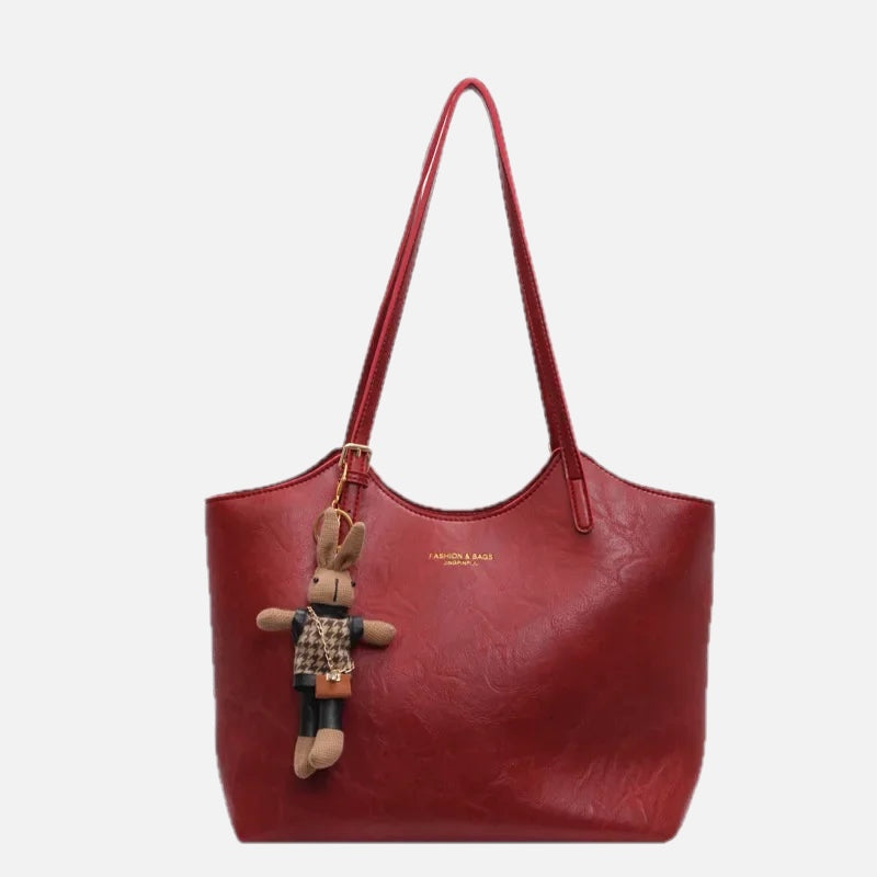Vintage Style Vegan Leather Tote – Women's Shoulder Bag with Charm
