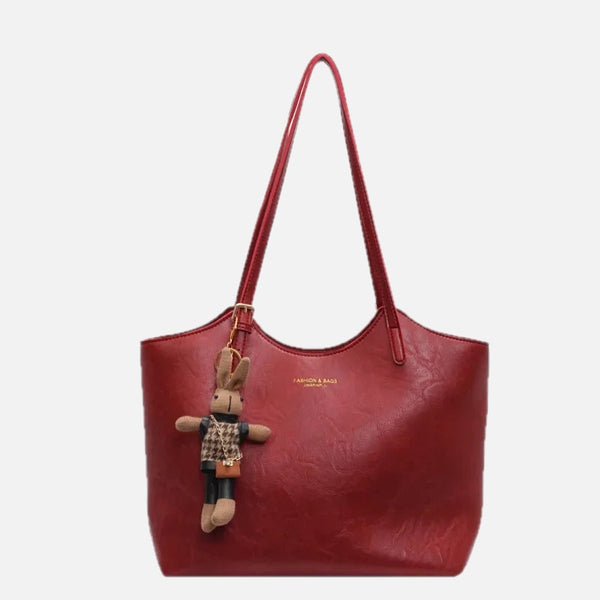 Vintage Style Vegan Leather Tote – Women's Shoulder Bag with Charm