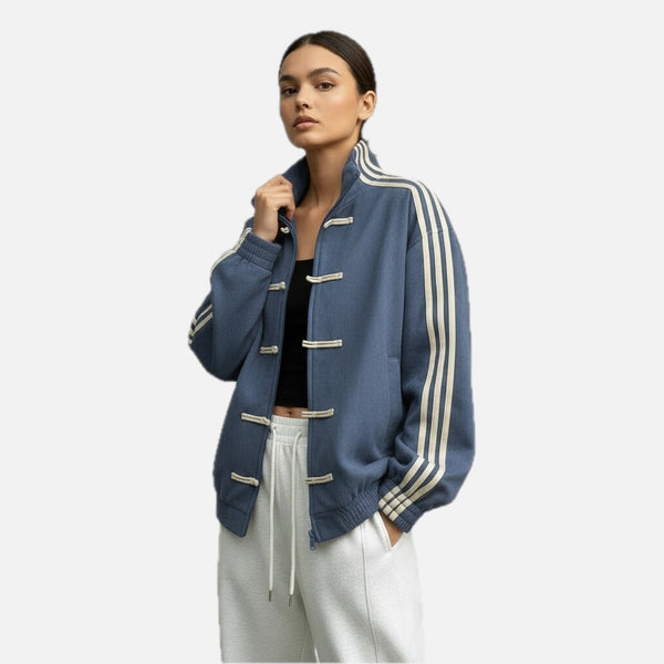 Retro Track Jacket with Button Loops & Contrast Stripes – Velour Look Zip Jacket