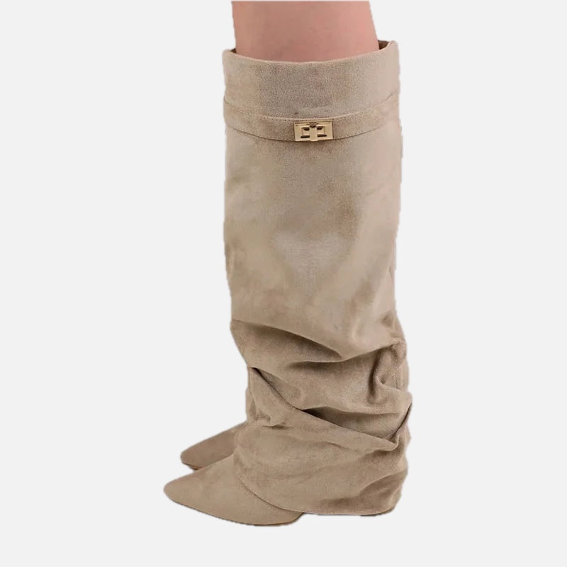 Slouch Boots with Low Heel & Pointed Toe – Women's Ruched Boots