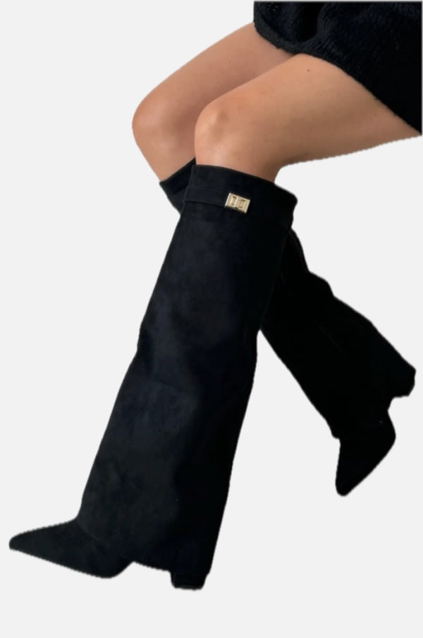 Knee High Boots with Pointed Toe & Straight Shaft – Suede & Leather