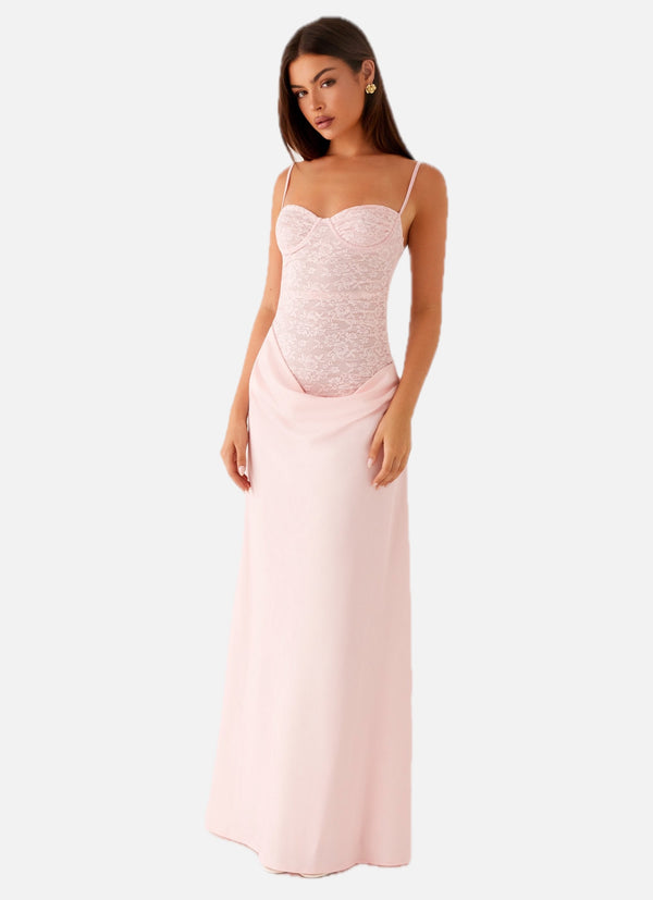Pink Maxi Dress with Lace Corset Top & Satin Skirt – Occasion Gown