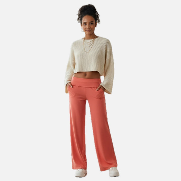 Women's High Waist Wide Leg Trousers with Stretch – Elastic Waistband