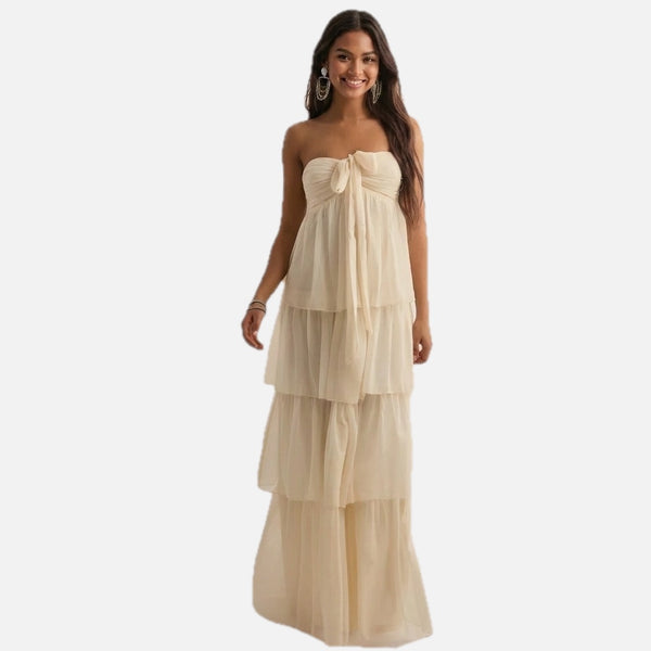 Strapless Summer Dress with Layered Skirt & Adjustable Bow – Chiffon Look Sundress