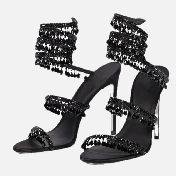 Crystal Wrap Heels – Sandals with Wraparound Ankle Strap & Rhinestones