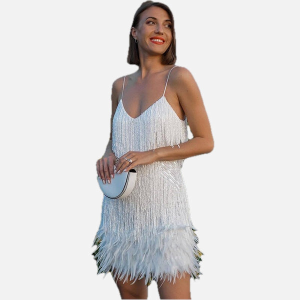 Sequin Cocktail Dress with Fringe & Feather Trim – Party Dance Dress