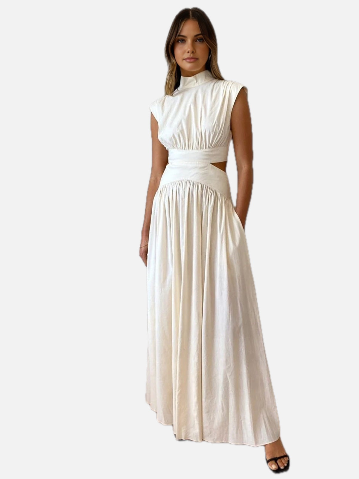 Mock Neck Maxi Dress with Open Back – Pleated Cut-Out Dress