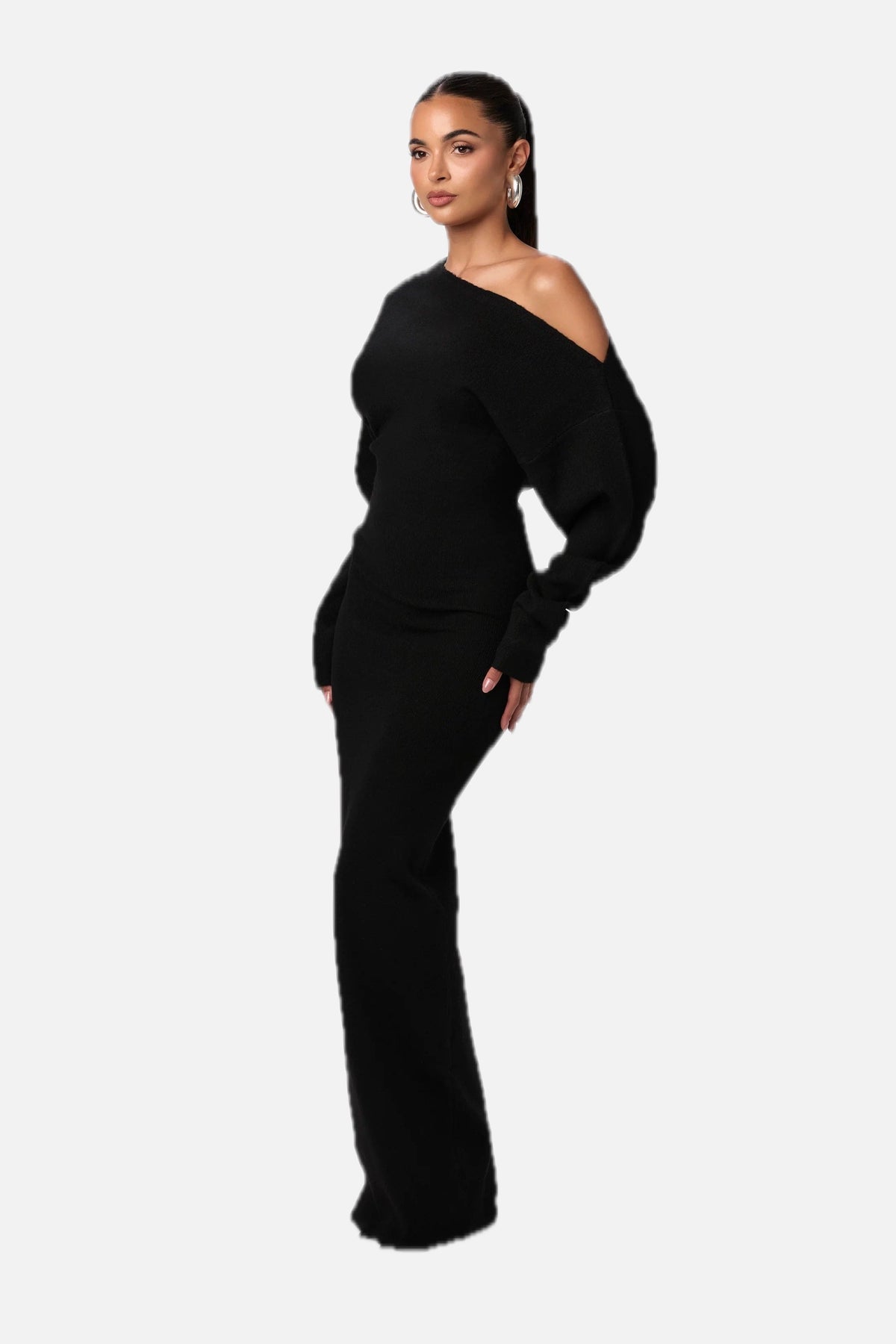 Off Shoulder Knit Maxi Dress – Stretch Bodycon Jumper Dress