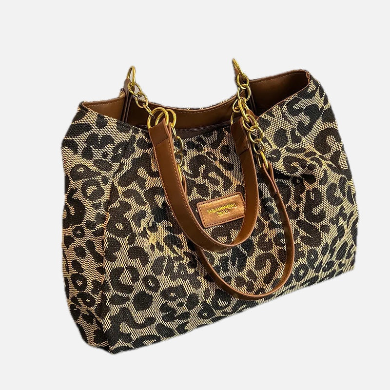 Leopard Print Canvas Tote Bag with Gold Details