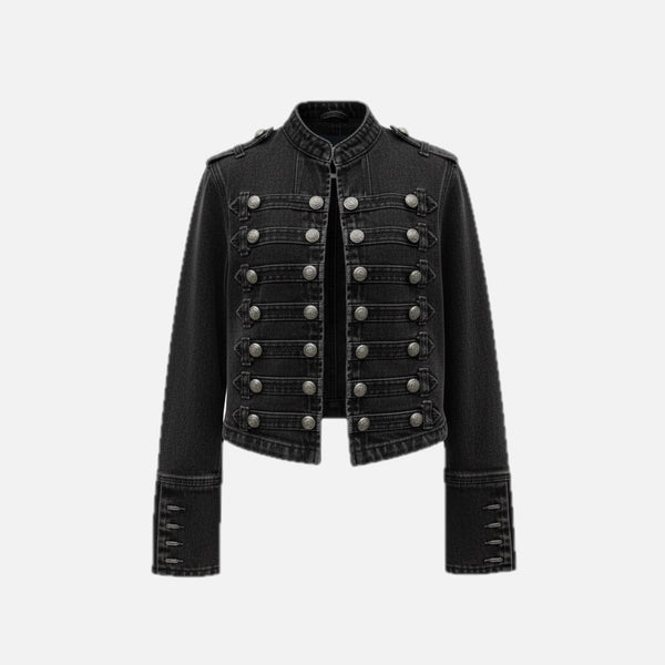 Military Denim Jacket with Decorative Buttons – Women's Statement Jacket