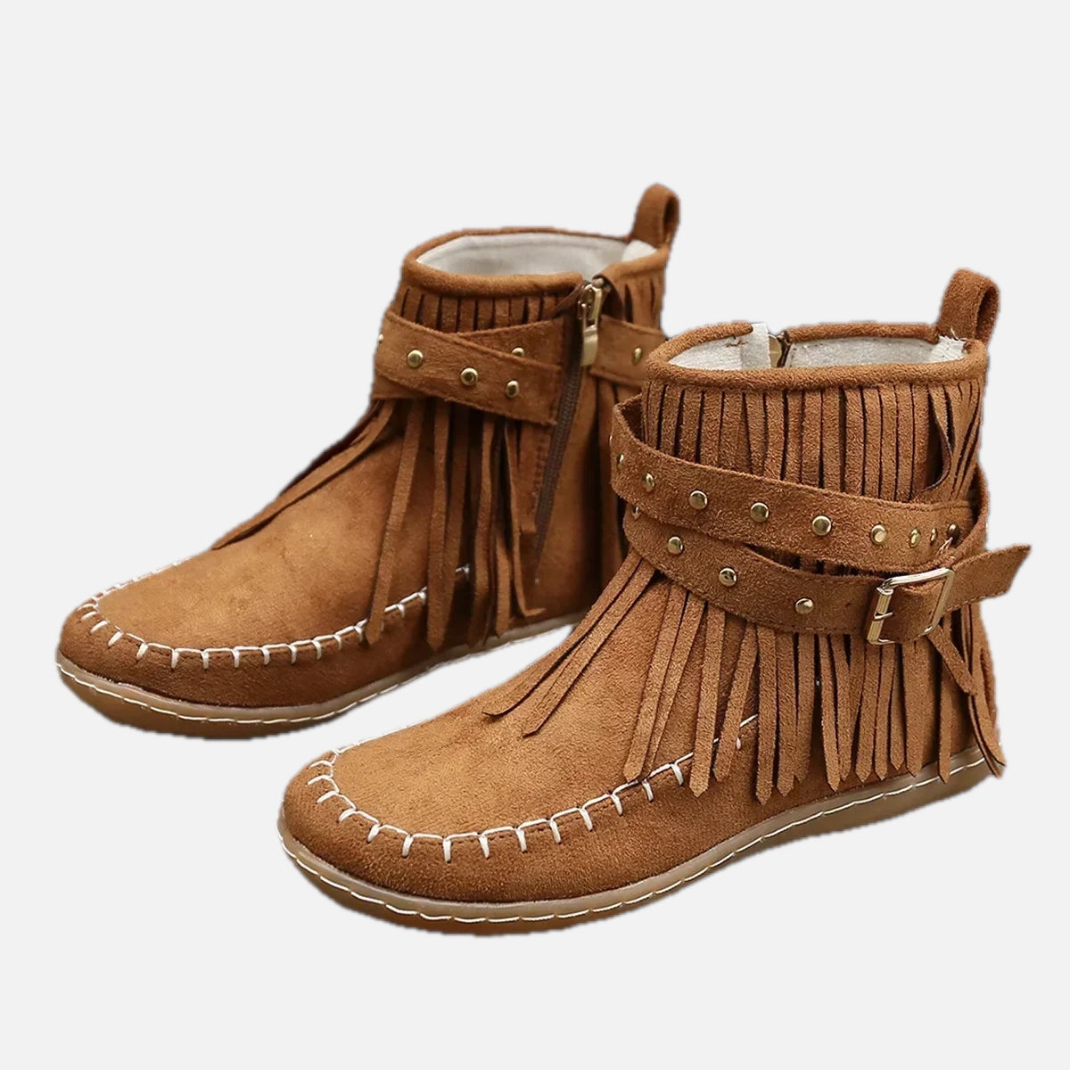 Suede Look Ankle Boots with Fringe & Studs – Western Boho Boots