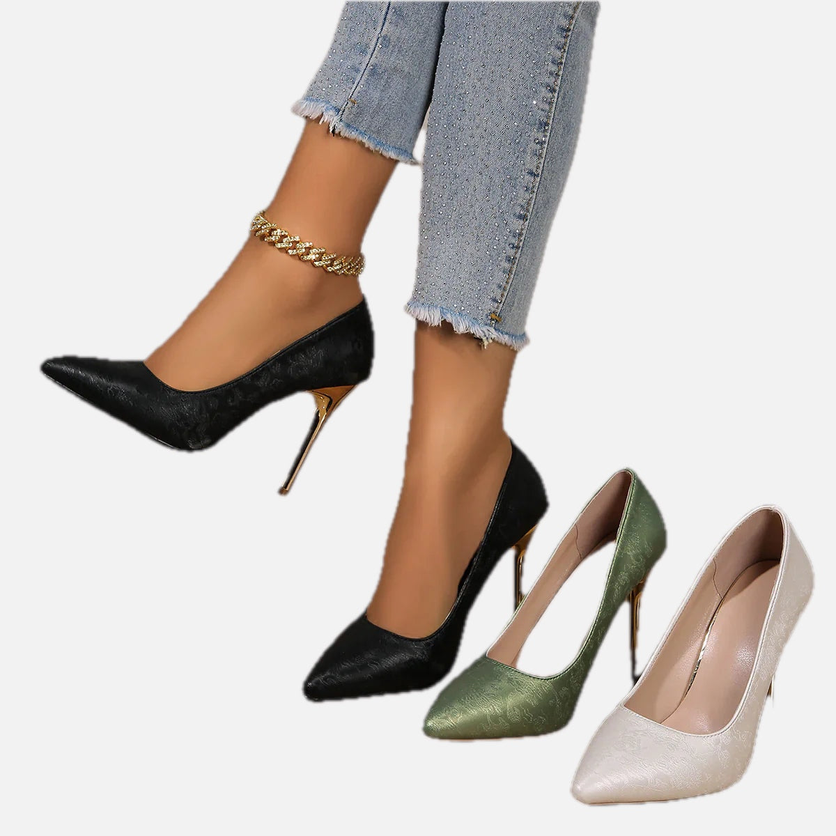 Satin Pumps with Gold Heel – Luxe Jacquard Court Shoes
