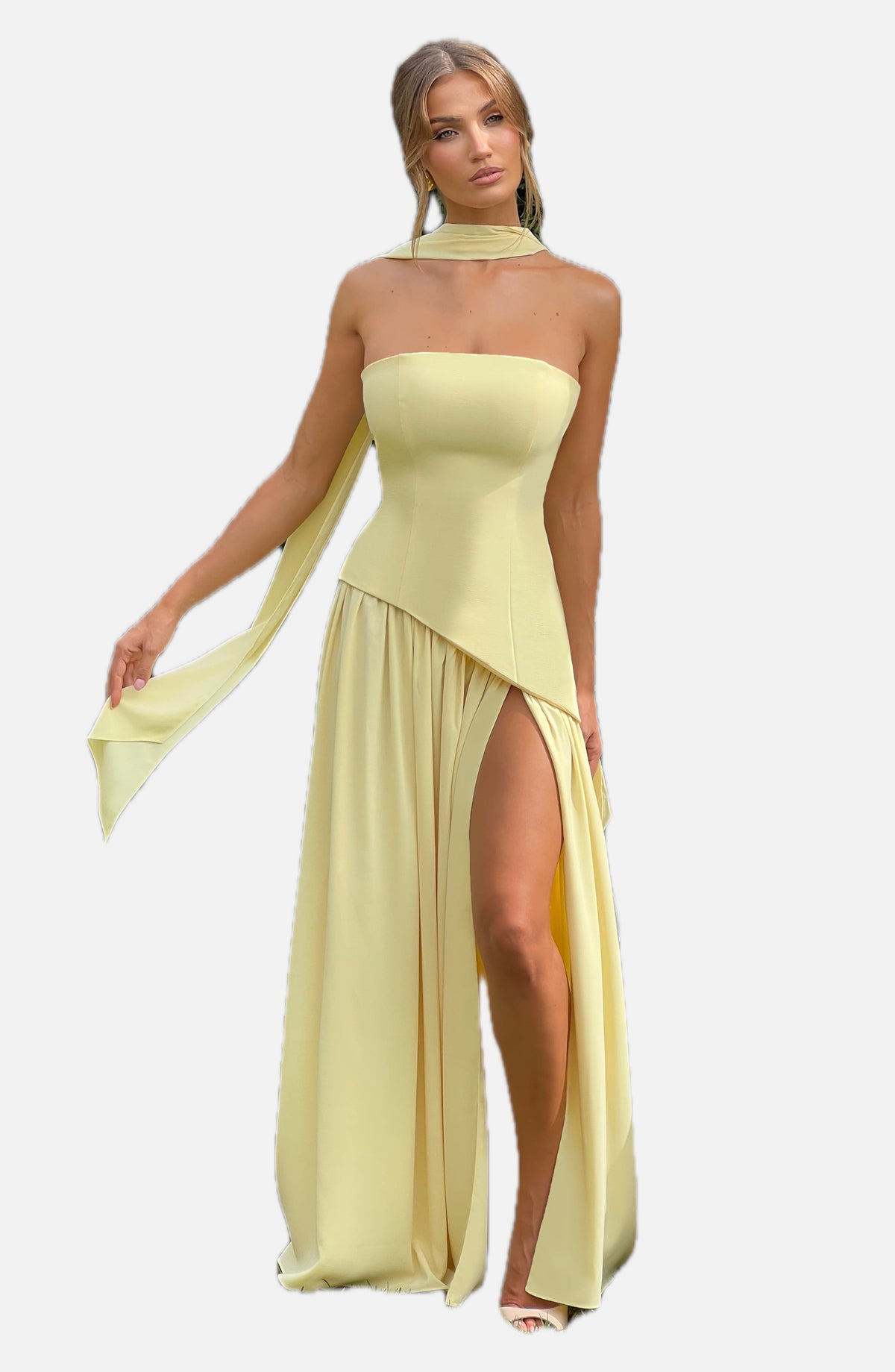 Strapless Pastel Yellow Maxi Dress with High Split – Asymmetric Summer Dress