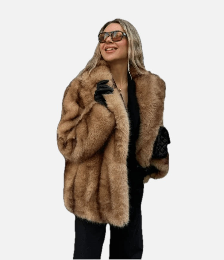 Brown Faux Fur Coat with Turn-Down Collar – Covered Button Coat