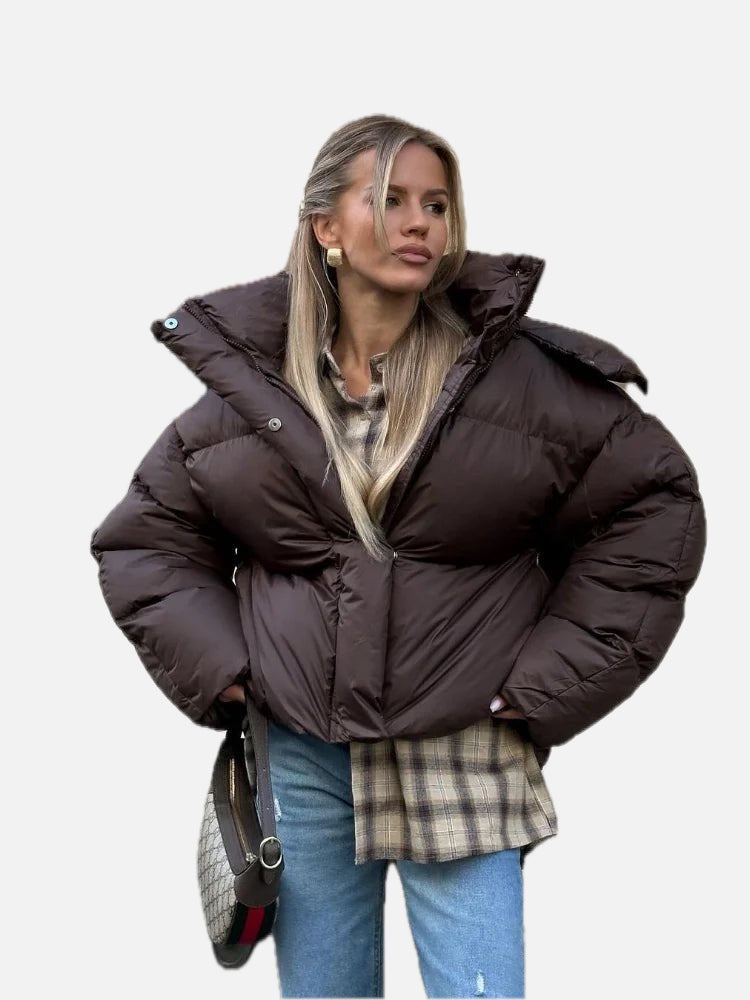 Short Hooded Puffer Jacket in Brown – Cropped Quilted Coat