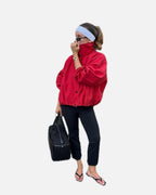 High Neck Bomber Jacket with Puff Sleeves – Tailored Statement Jacket