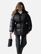 Drawstring Hooded Puffer Coat – Adjustable Waist Winter Coat