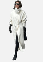 Off White Long Coat with Stand Collar – Single Breasted Tailored Coat