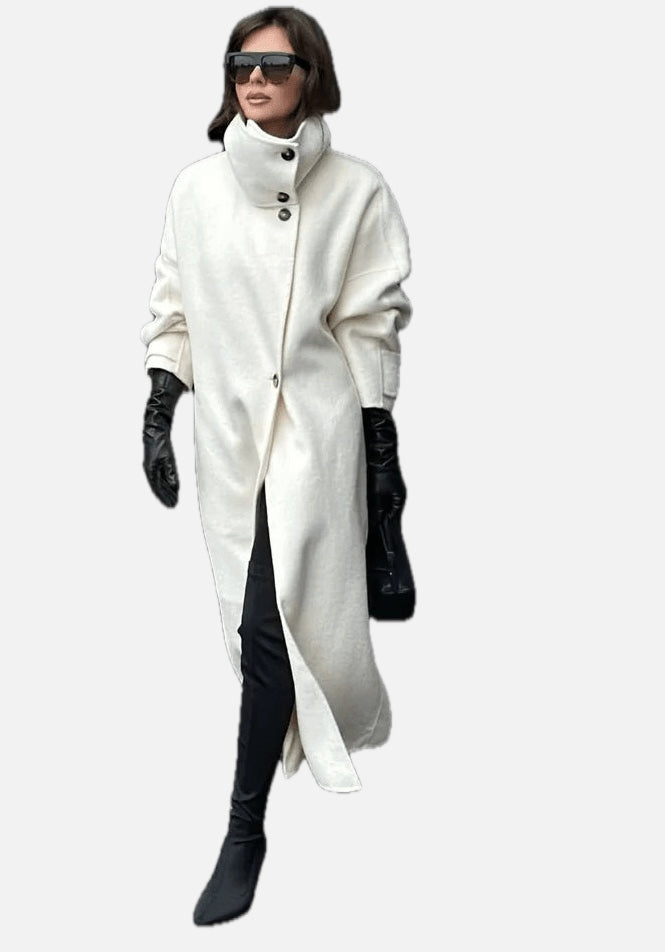 Off White Long Coat with Stand Collar – Single Breasted Tailored Coat