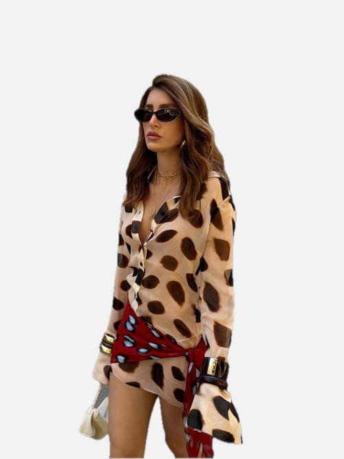Animal Print Shirt Dress with Scarf Tie Detail