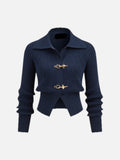 Collared Ribbed Cropped Jumper with Metal Buckle