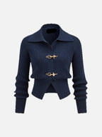 Collared Ribbed Cropped Jumper with Metal Buckle