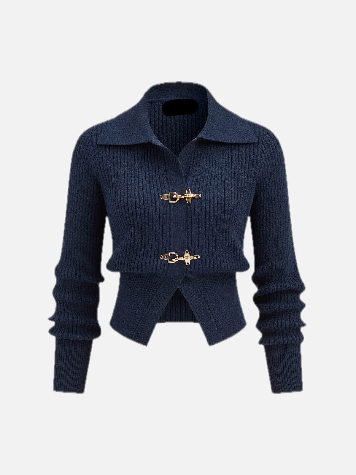Collared Ribbed Cropped Jumper with Metal Buckle