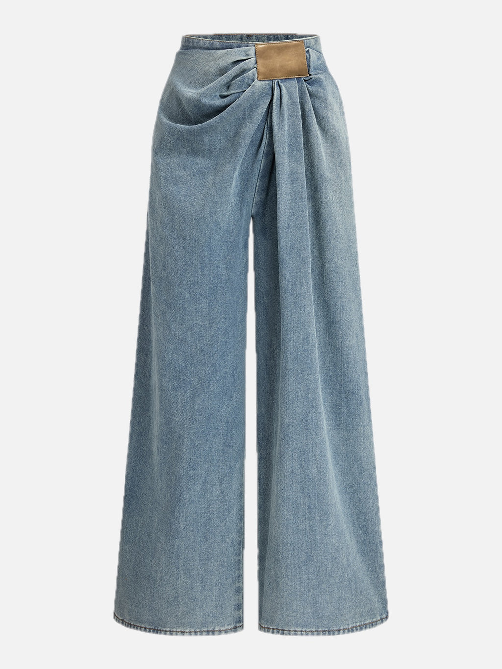 Asymmetric Ruched Denim Wide-Leg Trousers