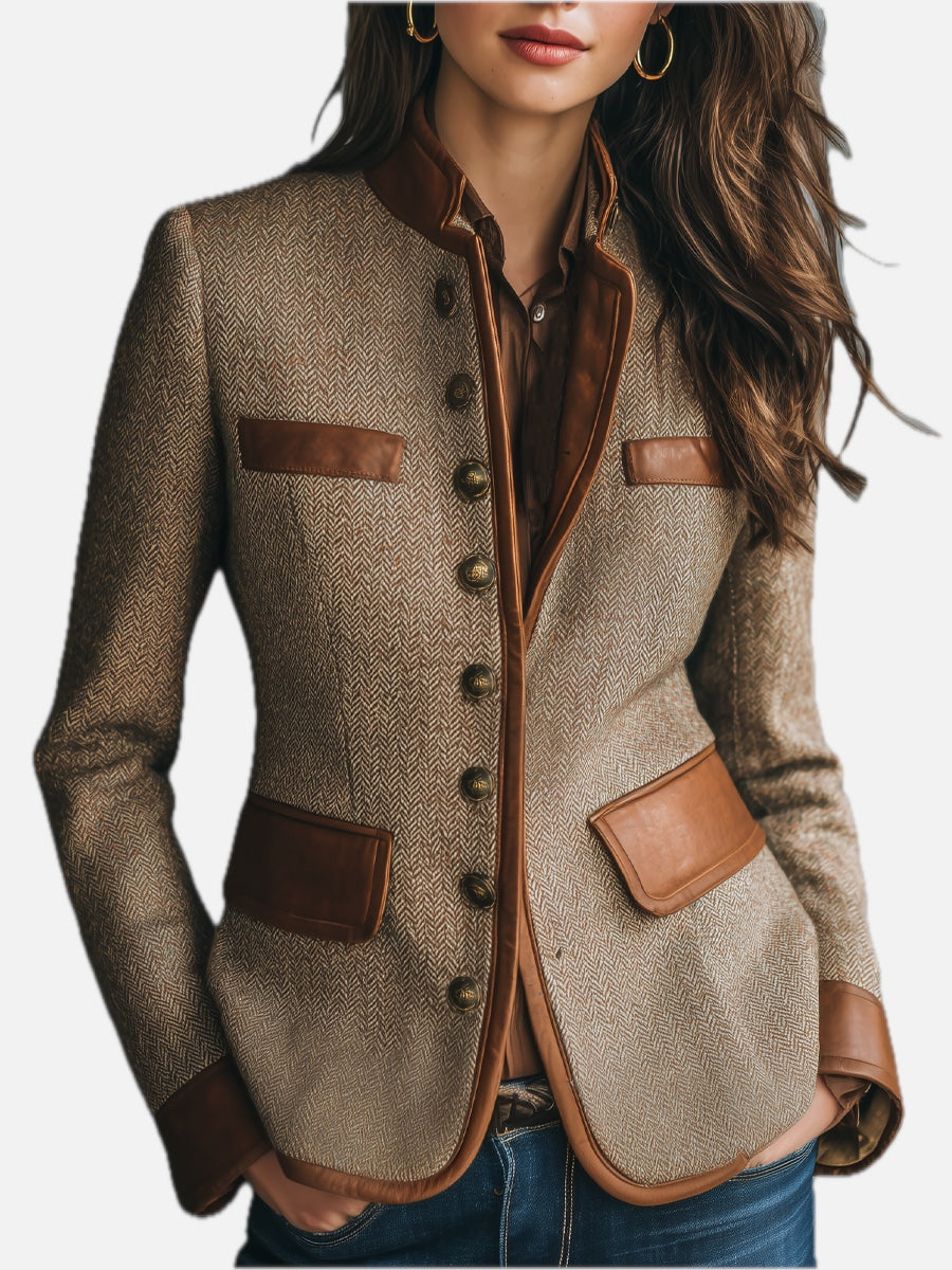 Tweed Jacket with Leather-Trim Pockets - Vintage Style